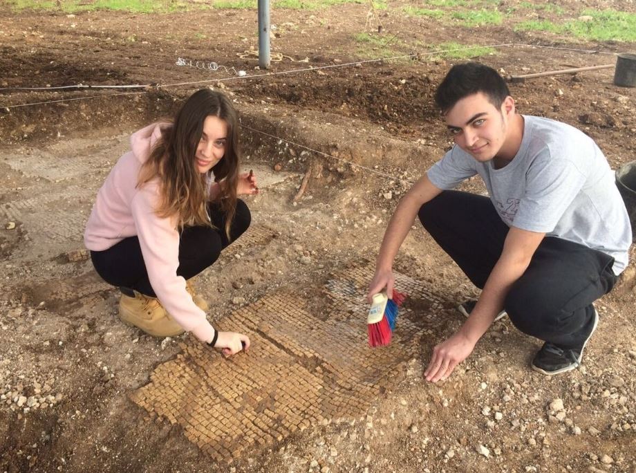 בני נוער בחפירת שלומי מנקים פסיפס שגילו באתר | צילום: קרן קובלו-פארן, רשות העתיקות עכו: ממצאים עתיקים מהתקופה הפרסית